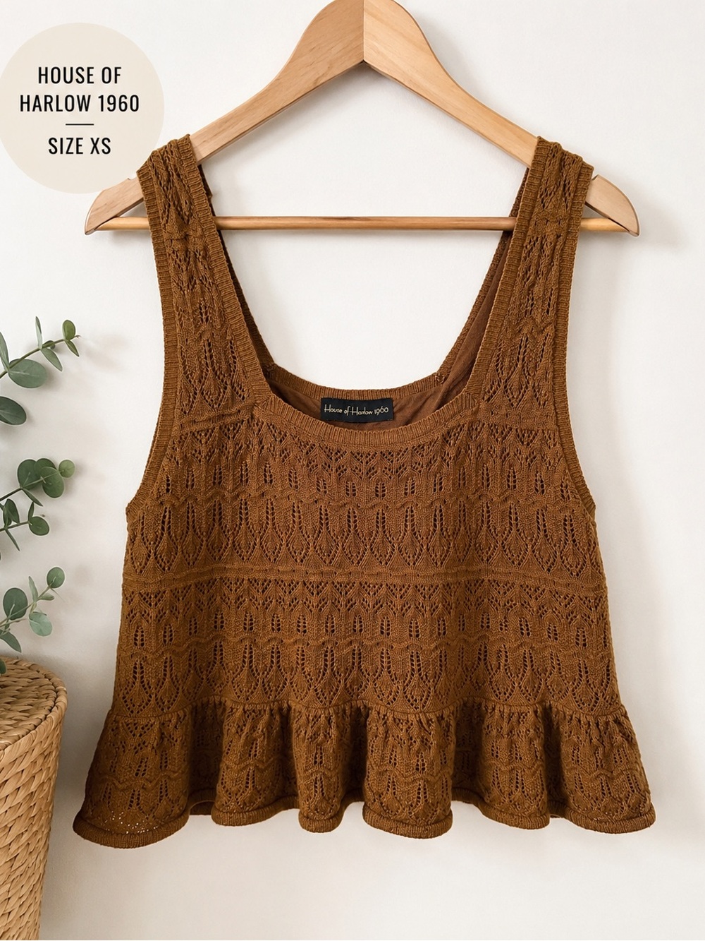 House of Harlow 1960 Brown Crochet Peplum Tank